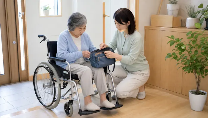 介護タクシー利用前の持ち物を家族と確認する高齢者
