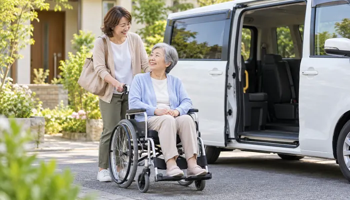 車いすに座る高齢者と介護タクシーでの外出を準備する家族